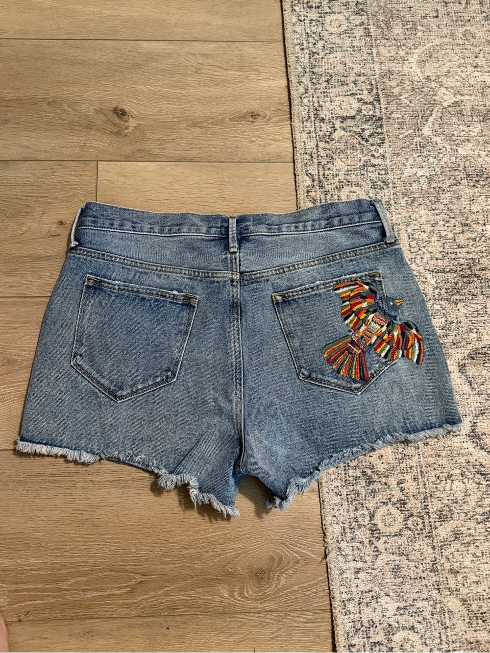 DRIFTWOOD Light Blue Denim Shorts with Multicolor Embroidered Bird